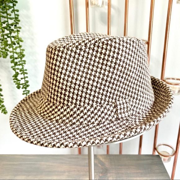 Houndstooth Wool Fedora Hat Brown & Cream - Picture 2 of 8